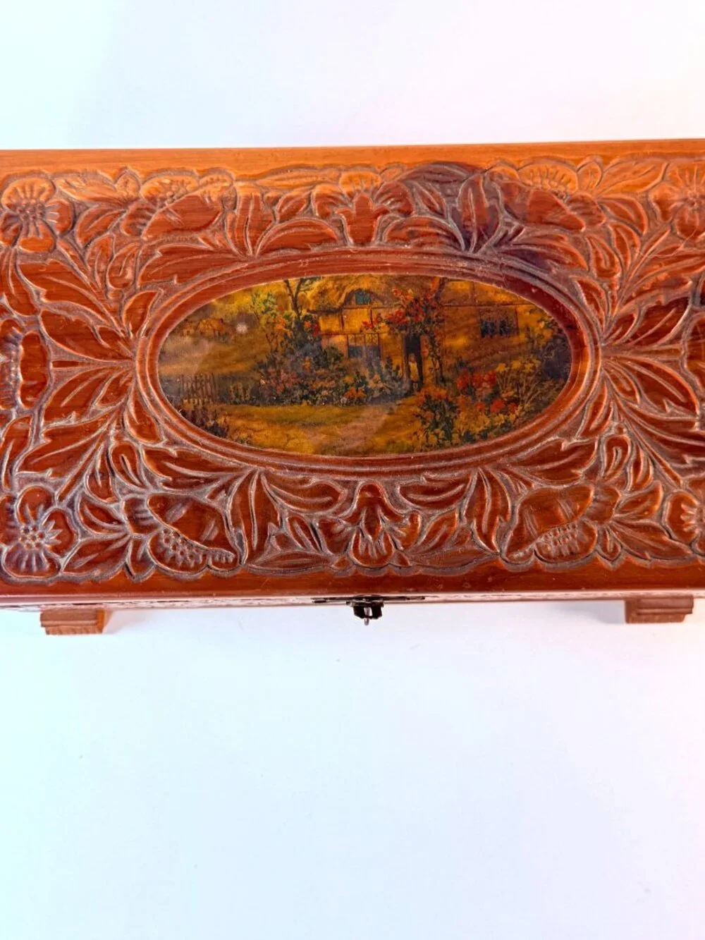 Vintage Wooden Keepsake Box w/ Mirror Floral Carved Jewelry Trinket Storage Box